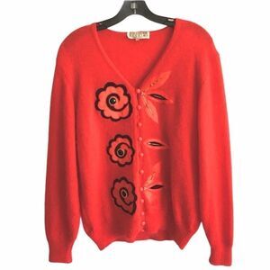 GIULIANA BELLINI Mohair Embellished Button Front Cardigan Sweater Flowers Red M